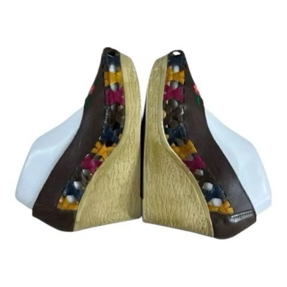 Handmade Leather Huarache Wedge Size 7 Brown Floral Embroidered Mexico Heels